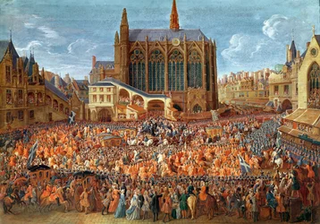 A partida de Luís XV (1710-1774) de Sainte-Chapelle depois do &39;lit de justice&39; que terminou o reinado de Luís XIV (1638-1715) em 12 de setembro de 1715, 1735 (ver também 162641)